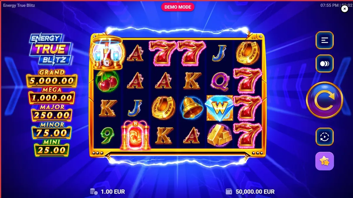 Tampilan visual slot Energy True Blitz dengan nuansa neon elektrik